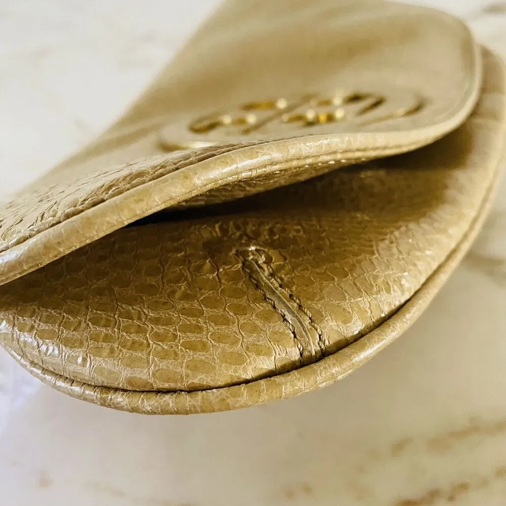 TORY BURCH Solid Tan Leather Clutch Bag Purse Large Logo